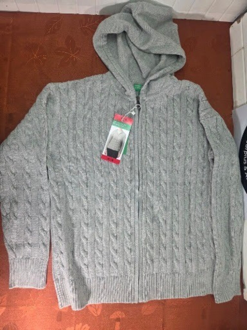 United Colors of Benetton Women's Zip Cable Knit Hoodie, Heather Grey, NWT, M